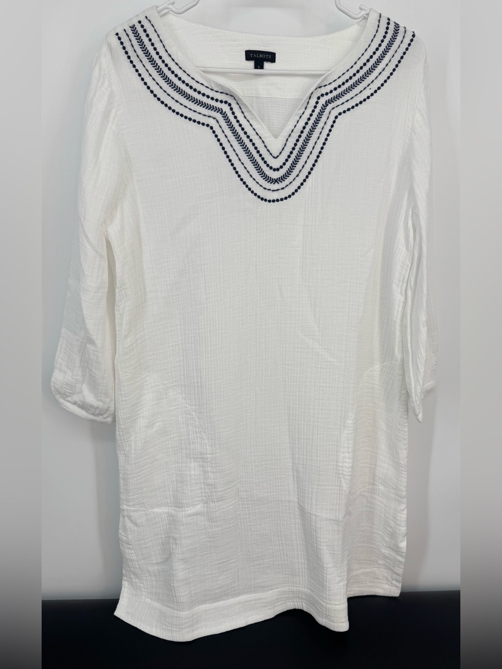 Talbots Women White Tunic Swim Cover-Up with Navy Embroidered V-Neck Size Small - Picture 2 of 11